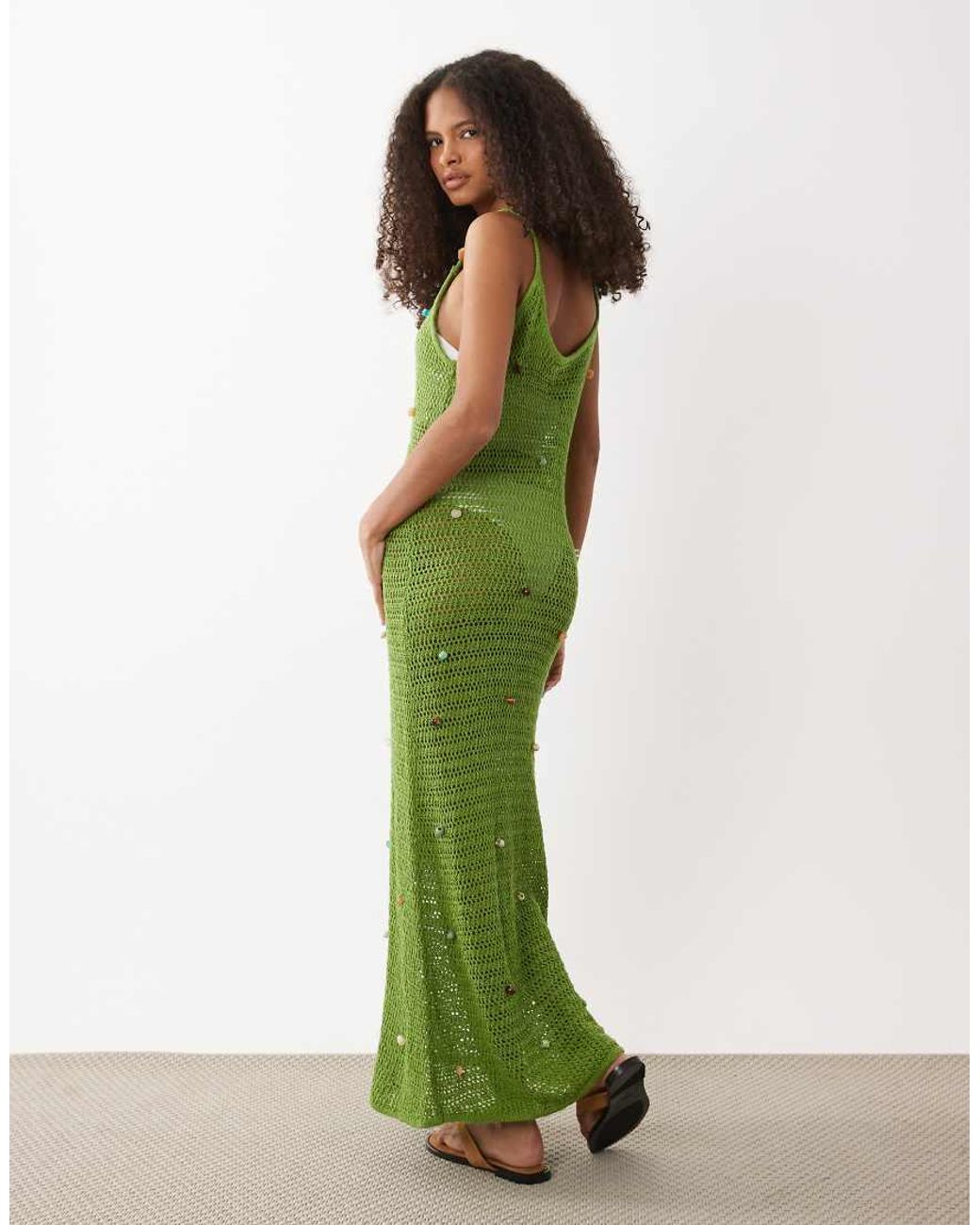 ASOS Green Slub Stitch Beaded Maxi Dress