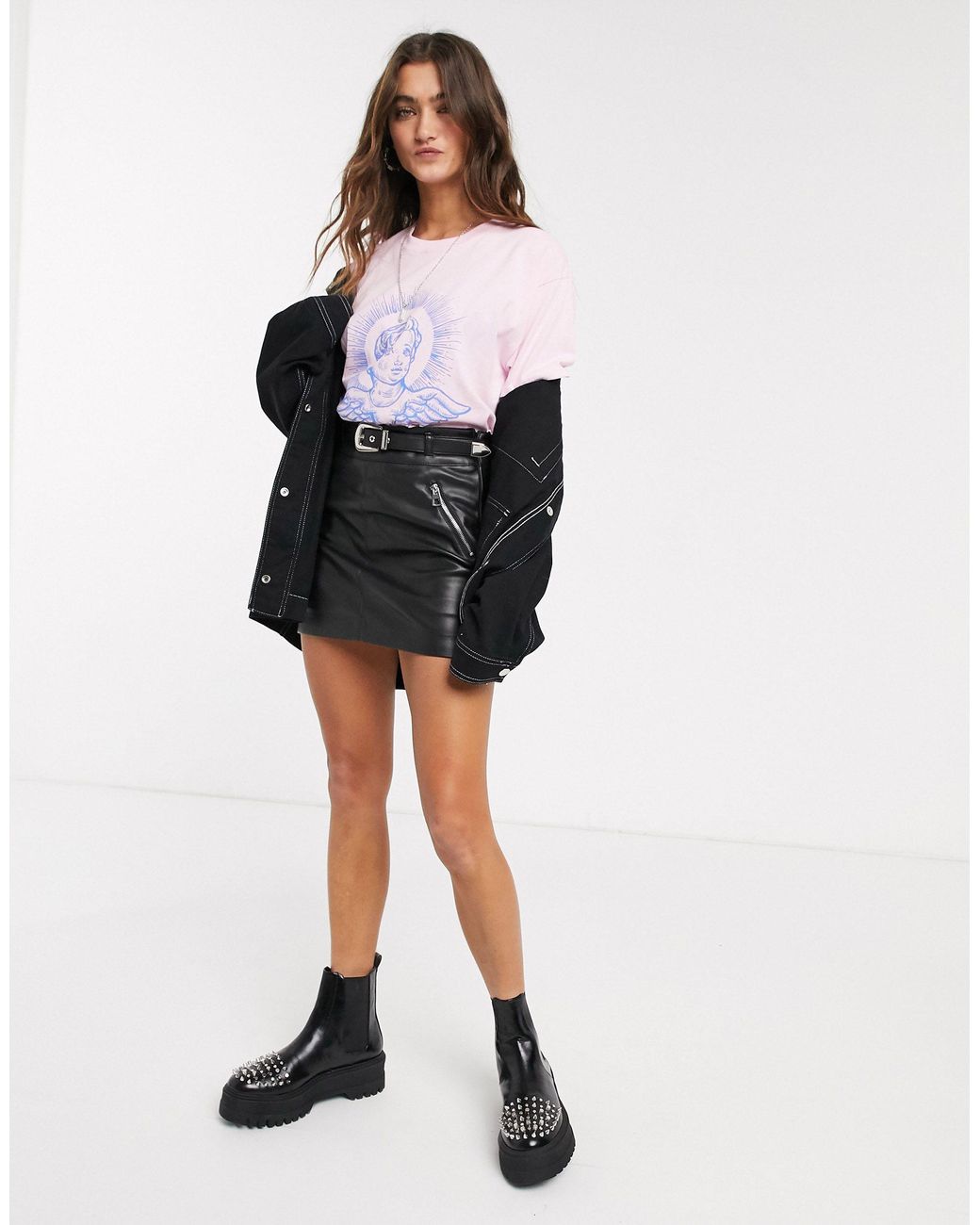 Bershka Synthetic Western Belted Faux Leather Mini Skirt in Black | Lyst