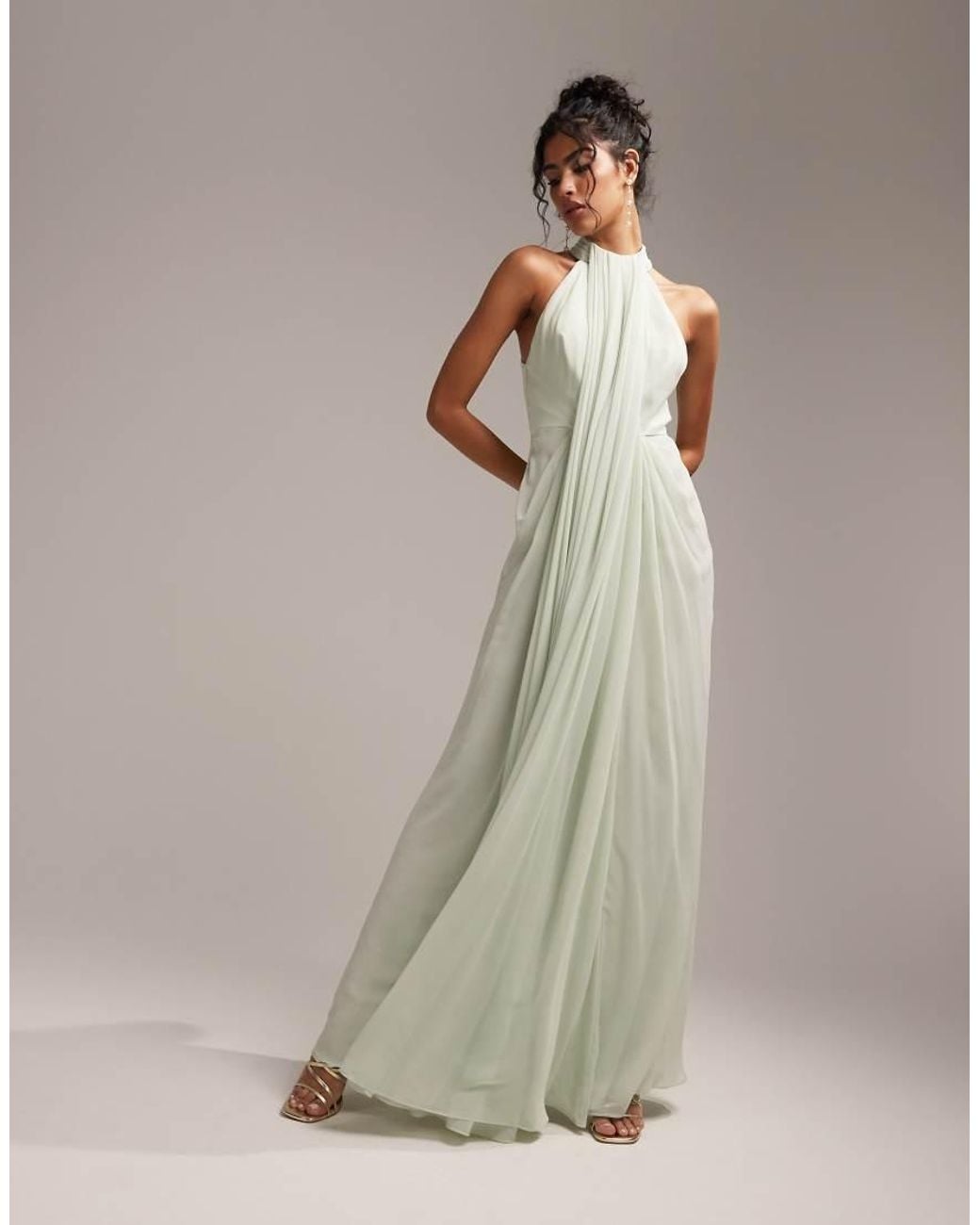ASOS Bridesmaids Grecian Draped Halter Maxi Dress in Grey | Lyst UK