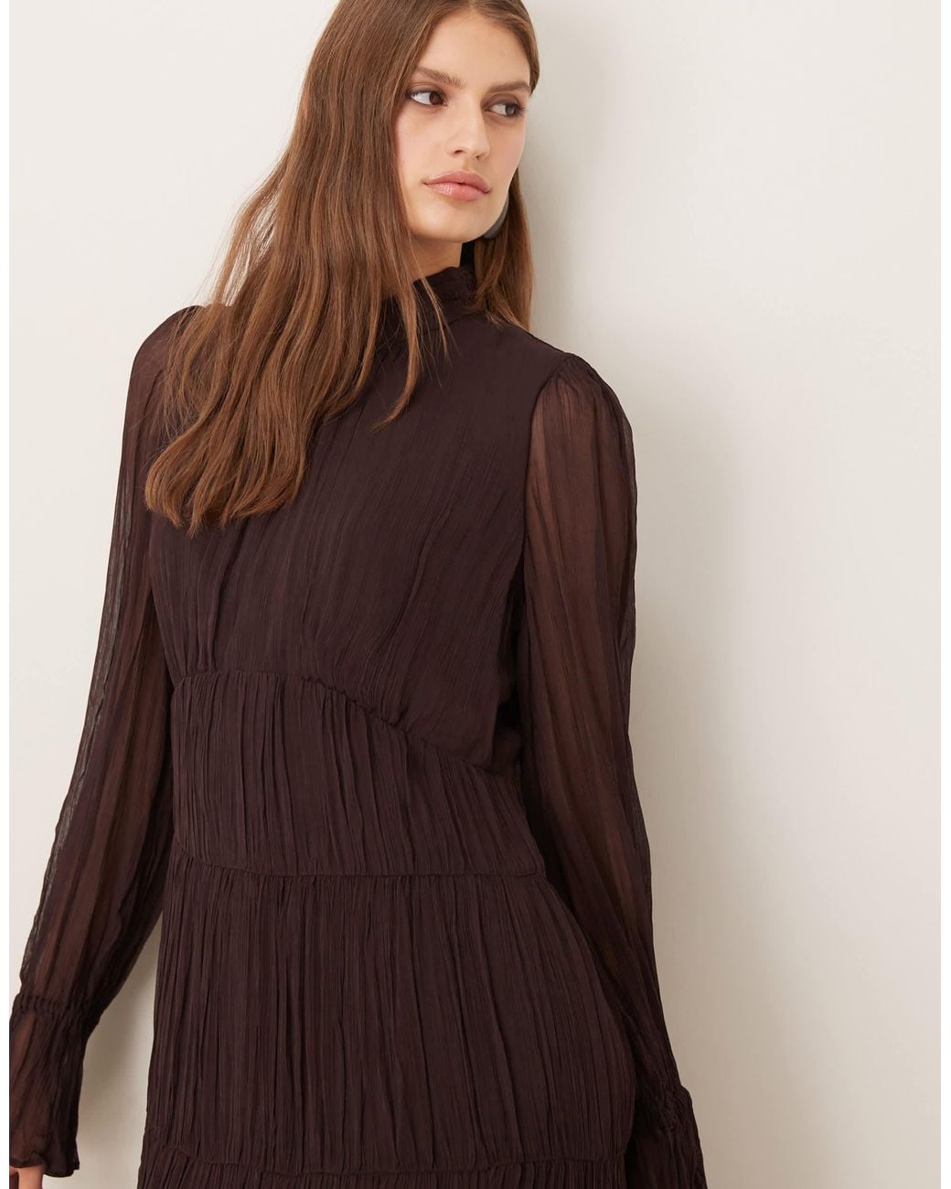 Mango High Neck Long Sleeve Chiffon Tiered Maxi Dress in Natural | Lyst