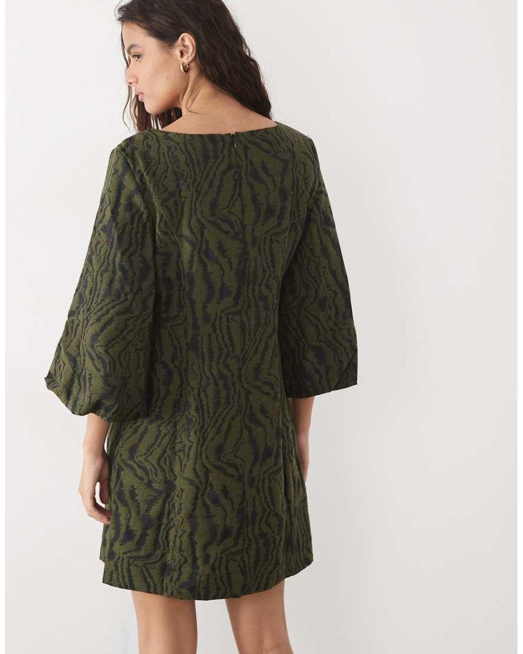 Y.A.S Green Volume Sleeve Slash Neck Jacquard Mini Dress