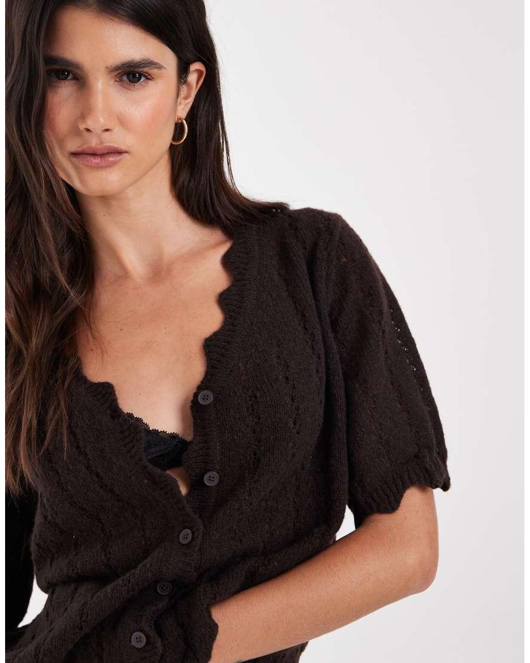 Pieces Black Frill Trim Short Sleeve Knitted Cardigan