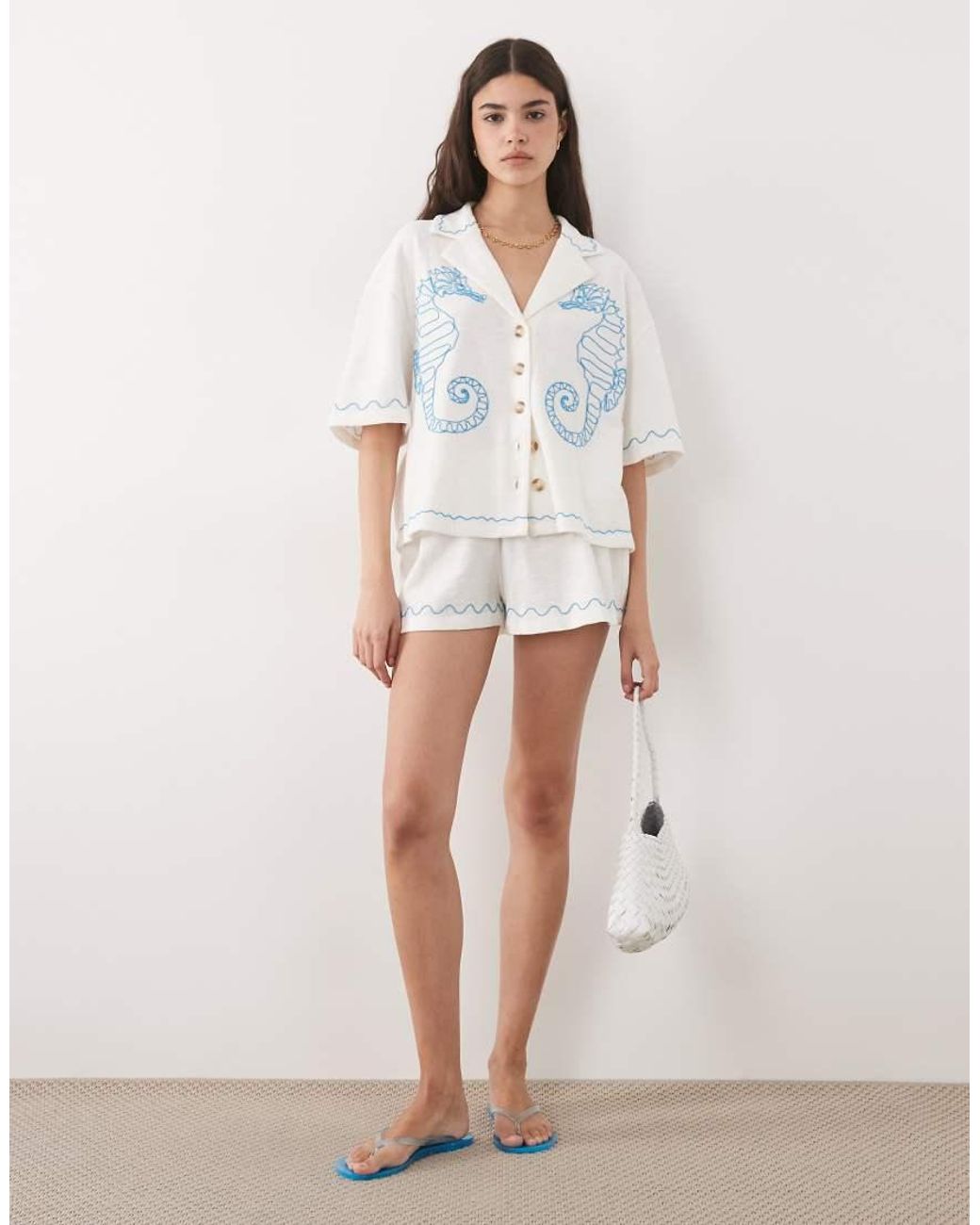 ASOS White Textured Jersey Revere Shirt Co-Ord With Seahorse Embroidery