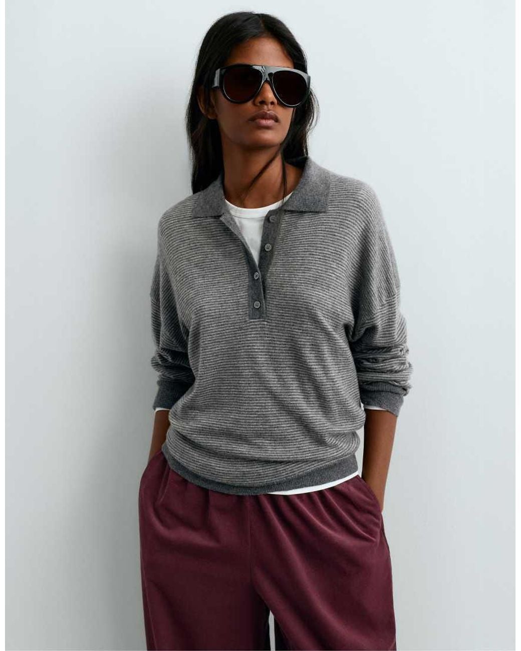 Oysho Gray Striped 100% Wool Polo Knit