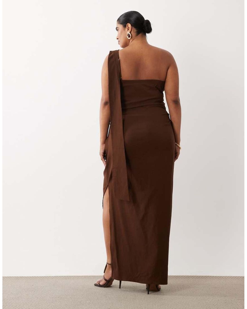 Tfnc Plus Brown Bengaline One Shoulder Draped Maxi Dress