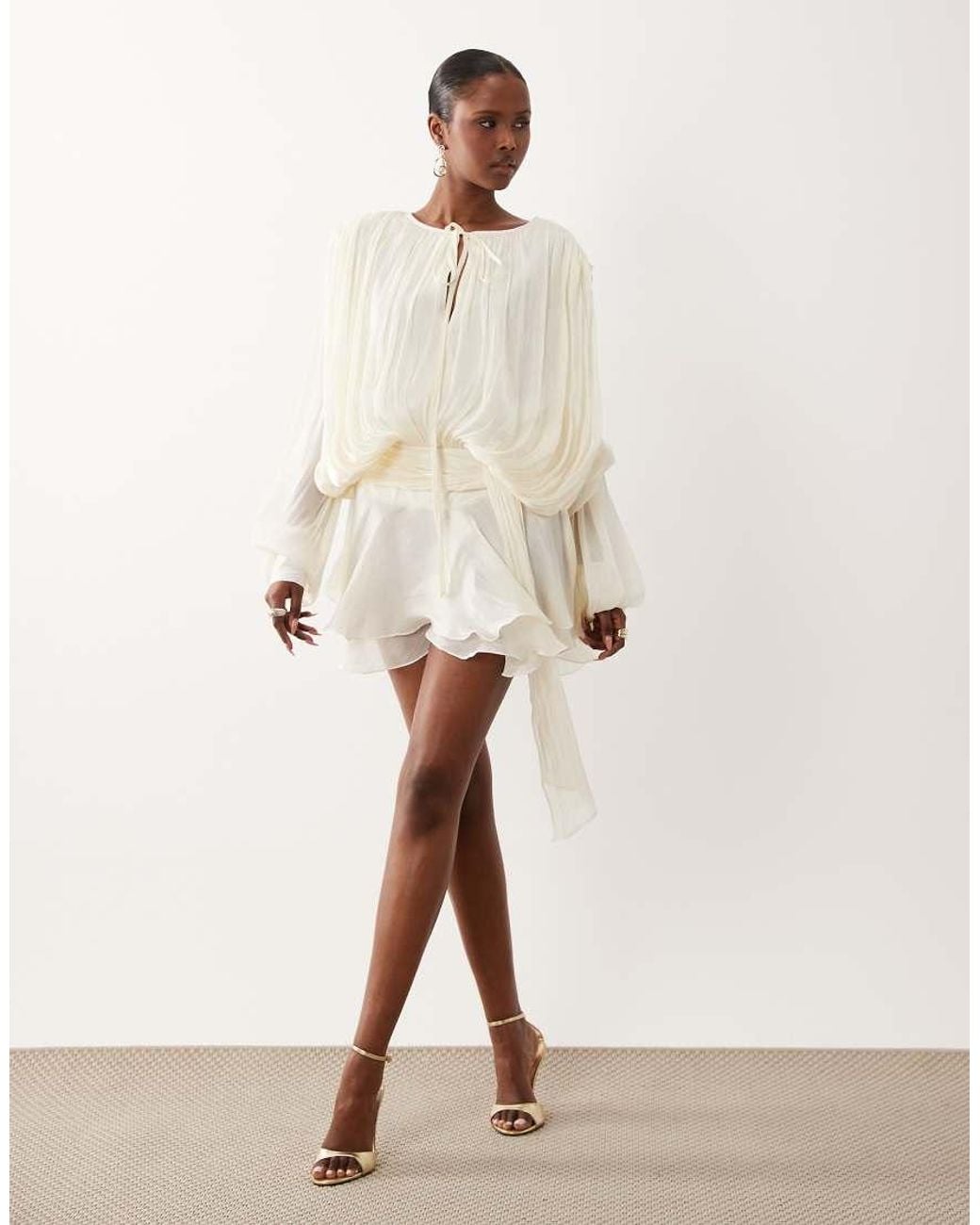 Lioness Natural Elements High Sheen Chiffon Drape Detail Balloon Sleeve Tie Waist Mini Dress