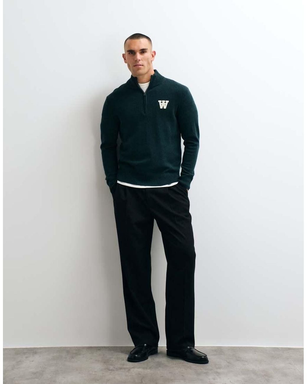 DOUBLE A by WOOD WOOD Blue 100% Lambswool Tay Half Zip Jumper for men