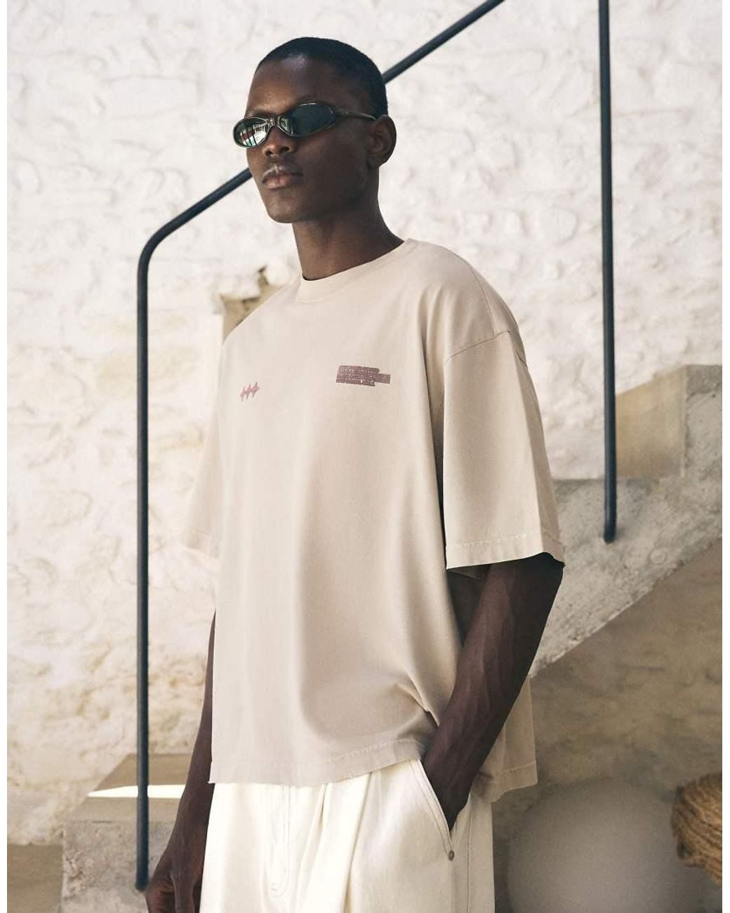 Bershka White Washed Boxy Fit Print T-Shirt for men