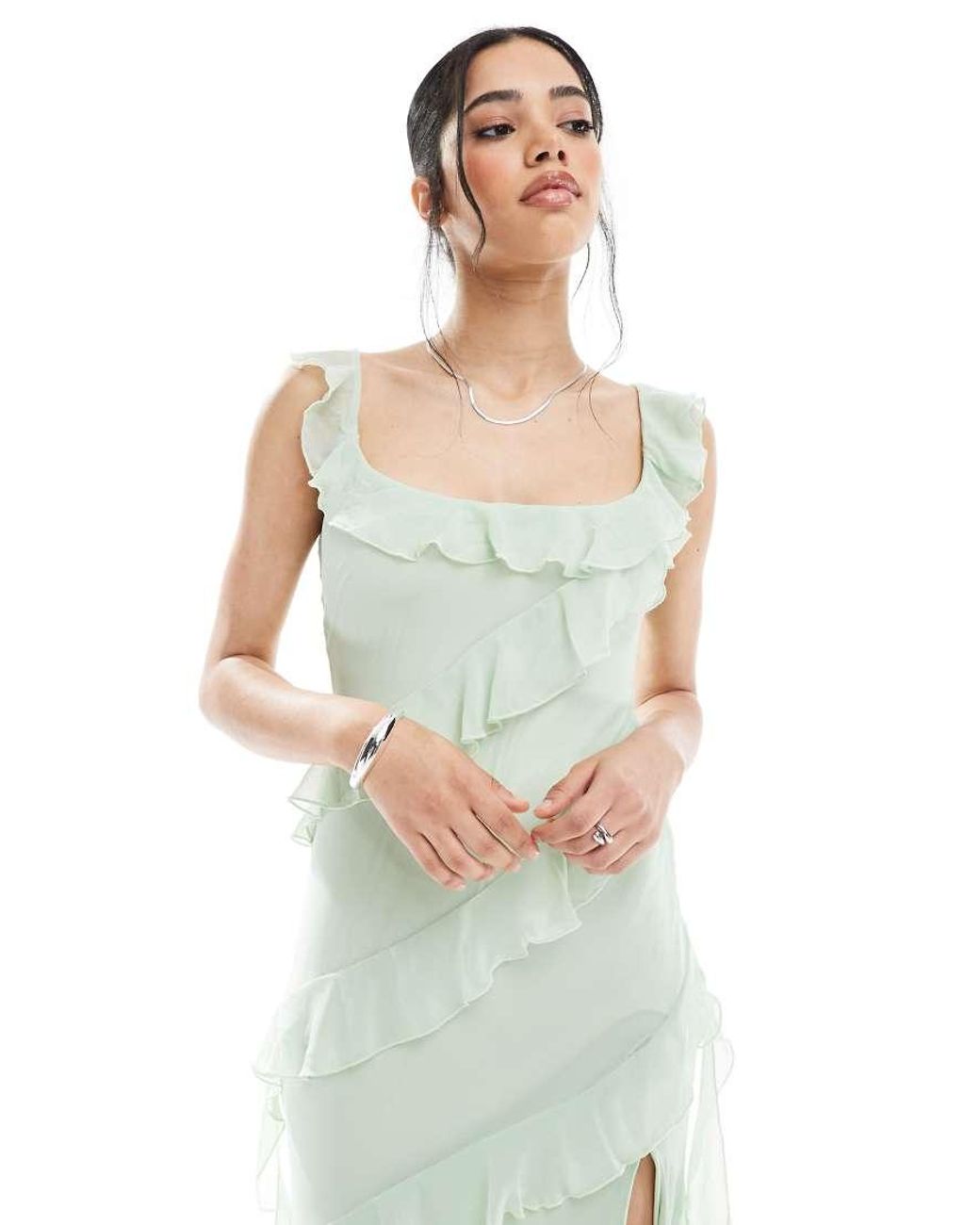 New Look Green Ruffle Asymmetric Midi Dress