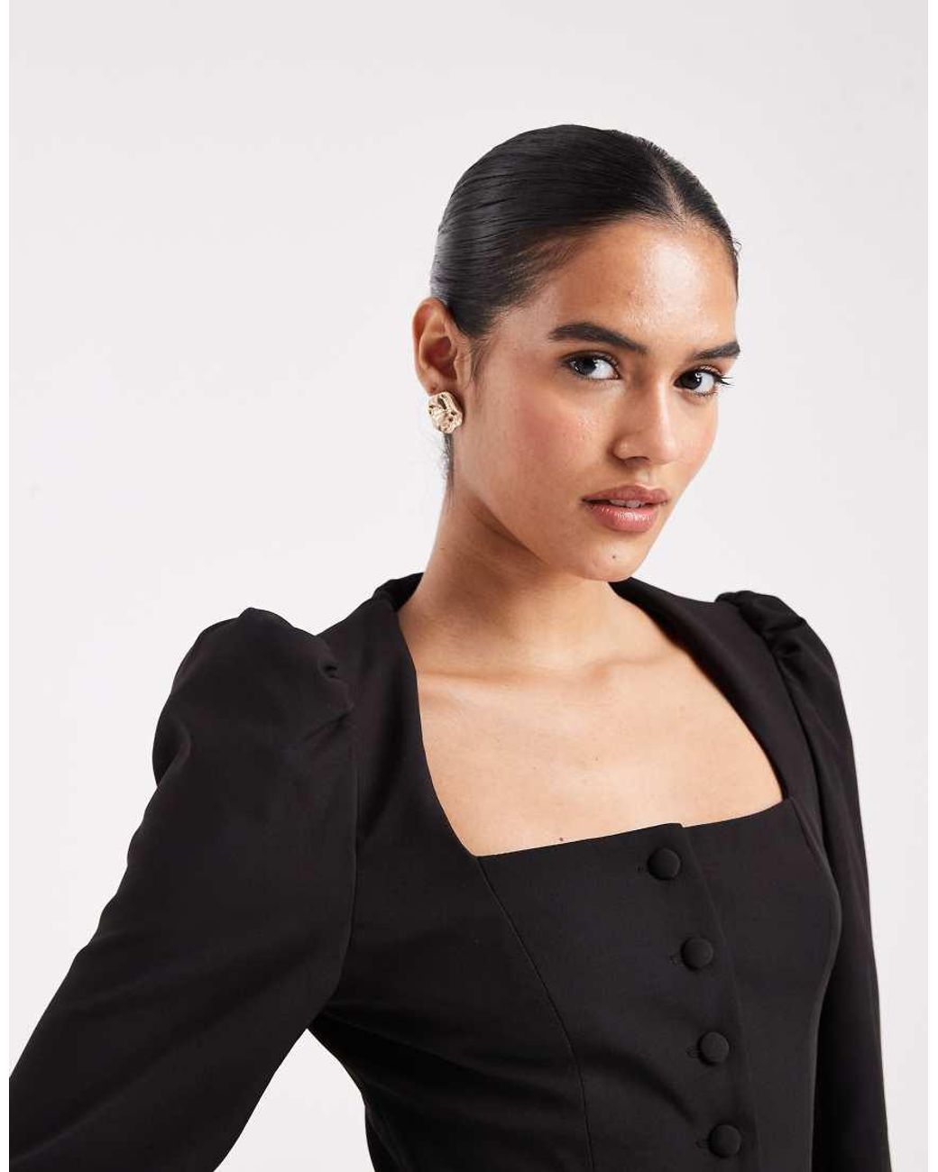 Miss Selfridge Black Tailored Collarless Puff Sleeve Top