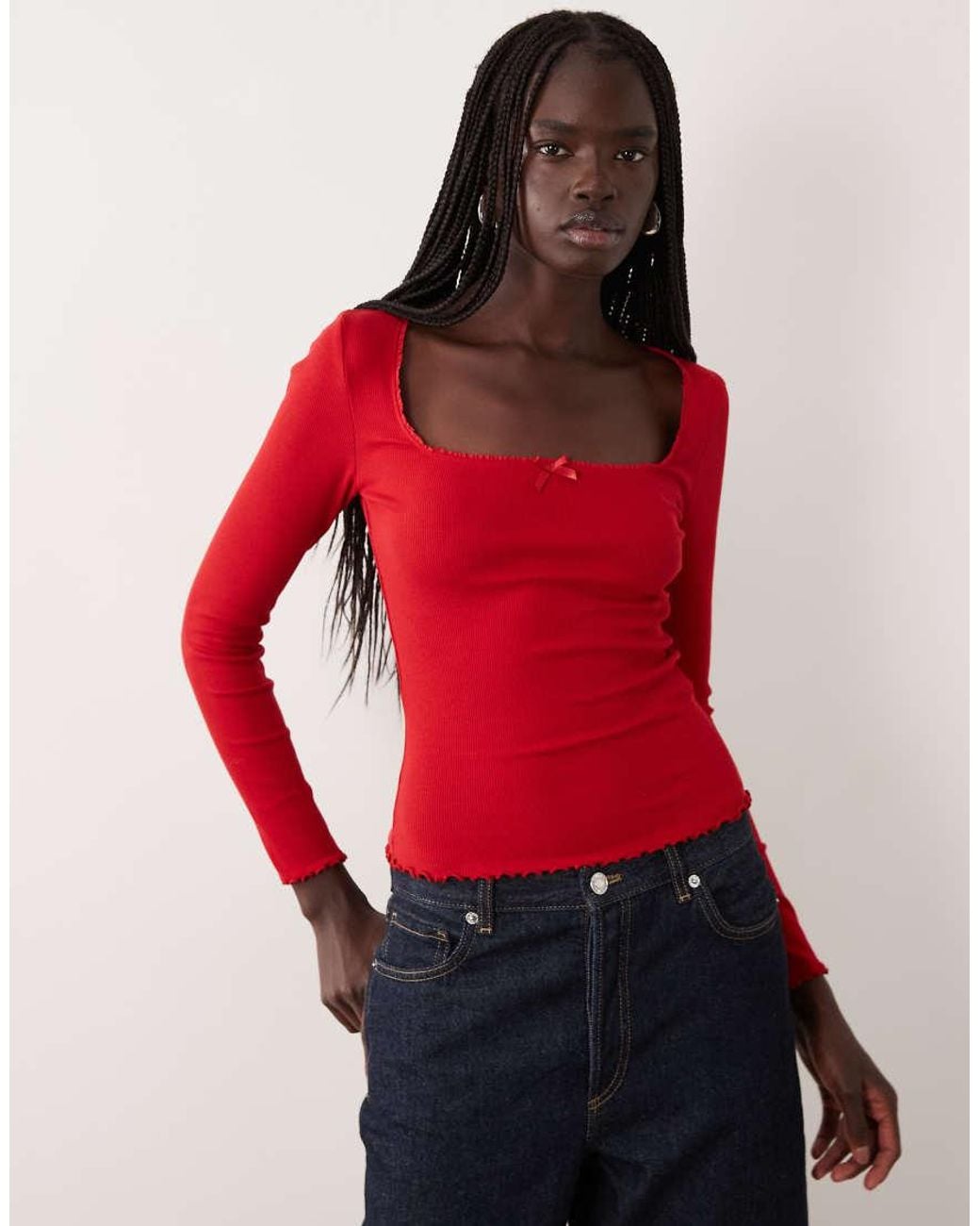 Miss Selfridge Red Ruffle Edge Square Neck Top
