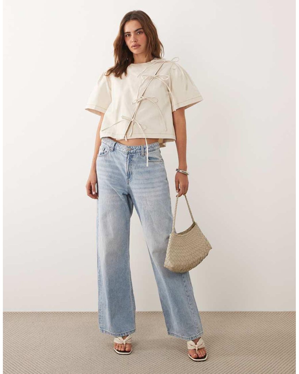 Ghospell White Cotton Asymmetric Bow Detail Boxy Short Sleeve Top