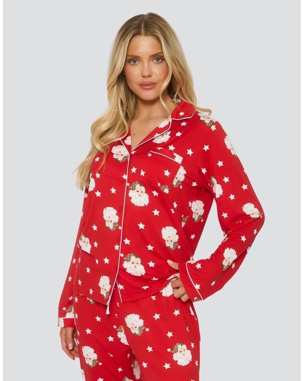 Loungeable Red Santa Button Shirt And Long Pant Pyjamas Set