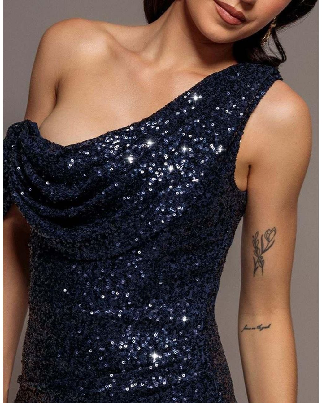 Goddiva Blue Sequin Cowl One Shoulder Maxi Dress