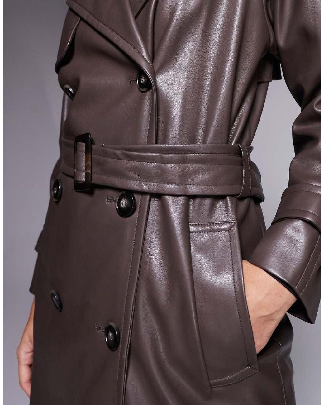 River Island Brown Faux Leather Faux Leather Trench Coat
