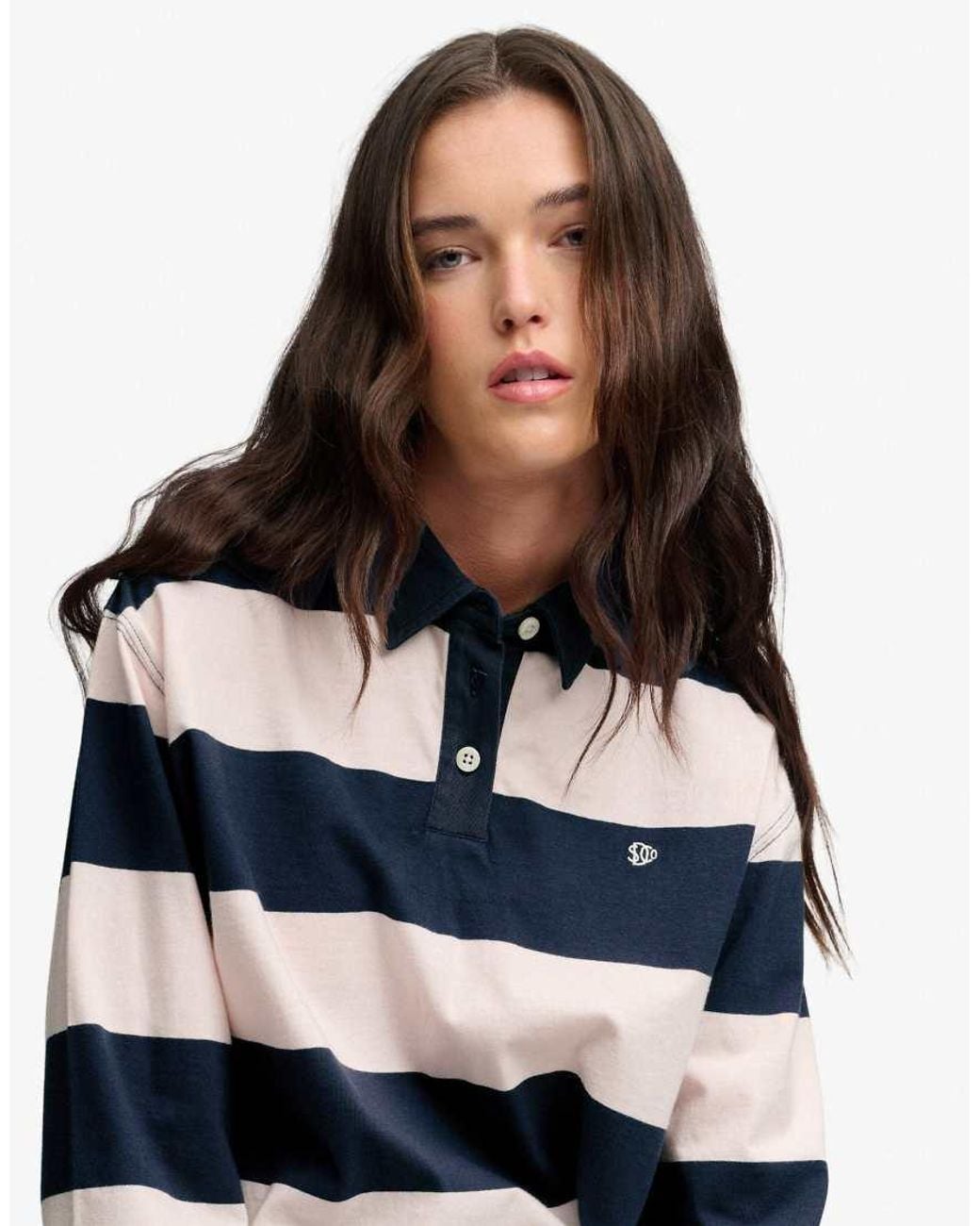 Superdry Blue Athletic Essential Cropped Stripe Rugby Top