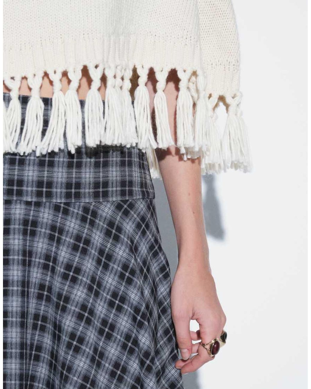 Aria Cove White High Neck Tassel Hem Knitted Poncho Top