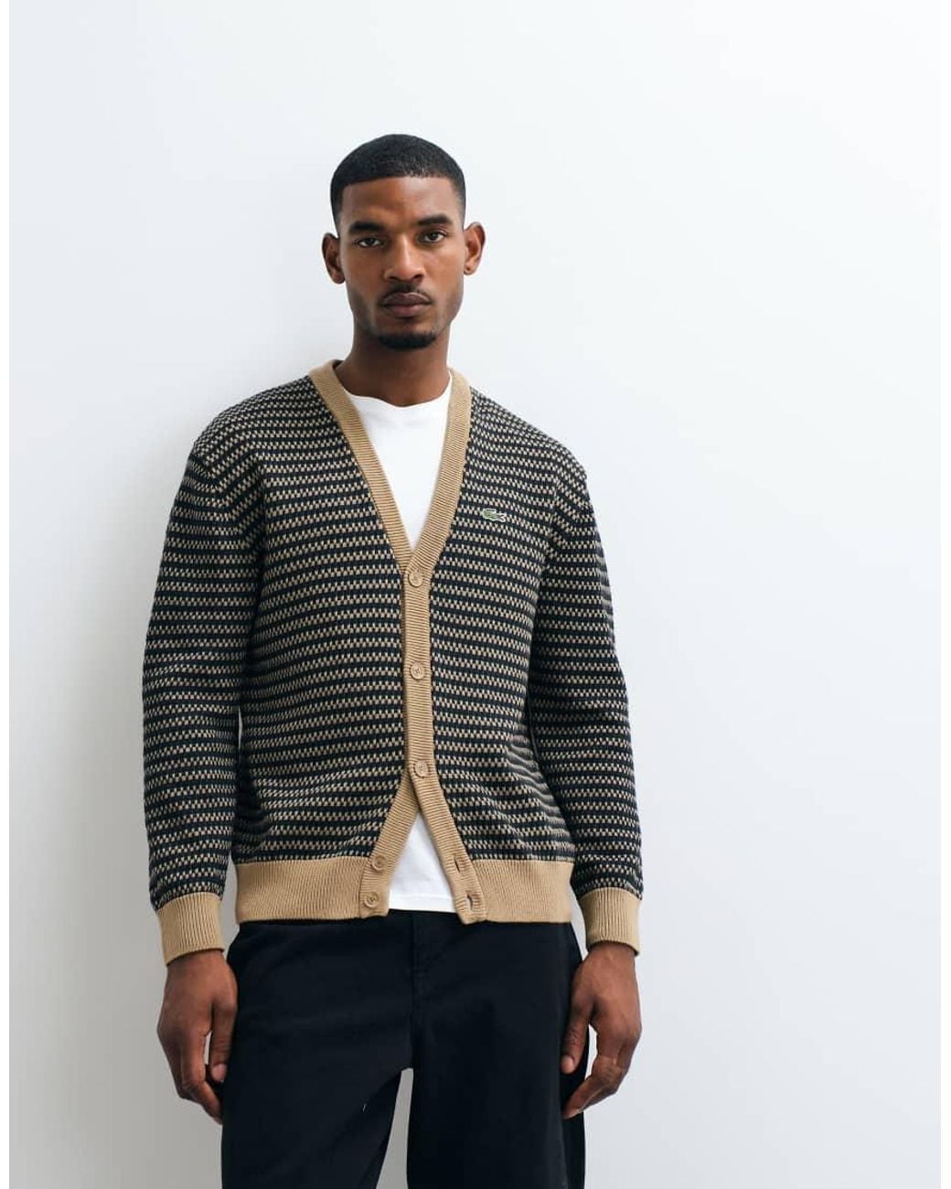 Lacoste White Stripe V Neck Cardigan for men