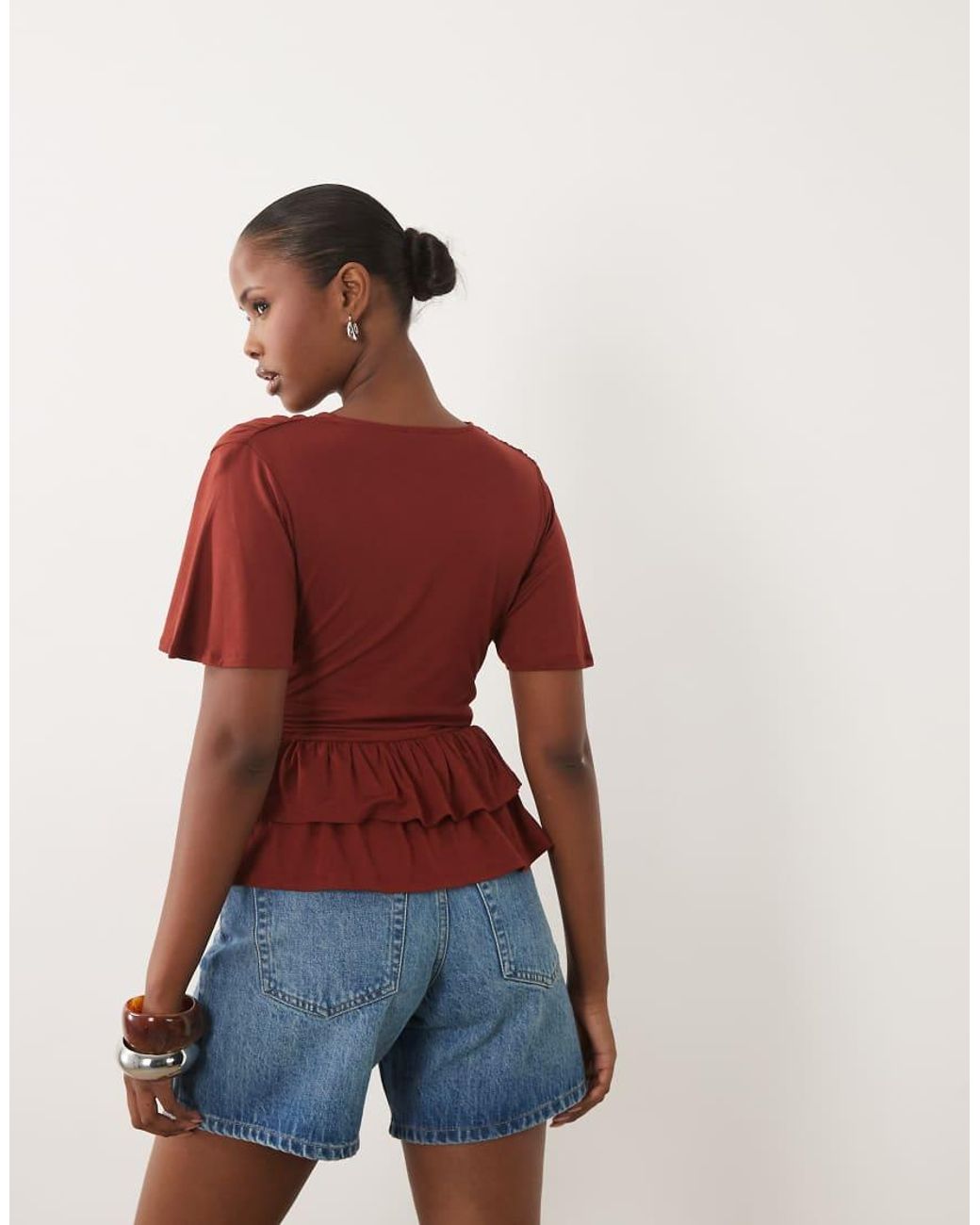 ASOS Red V Neck Top With Ruffle Peplum Hem