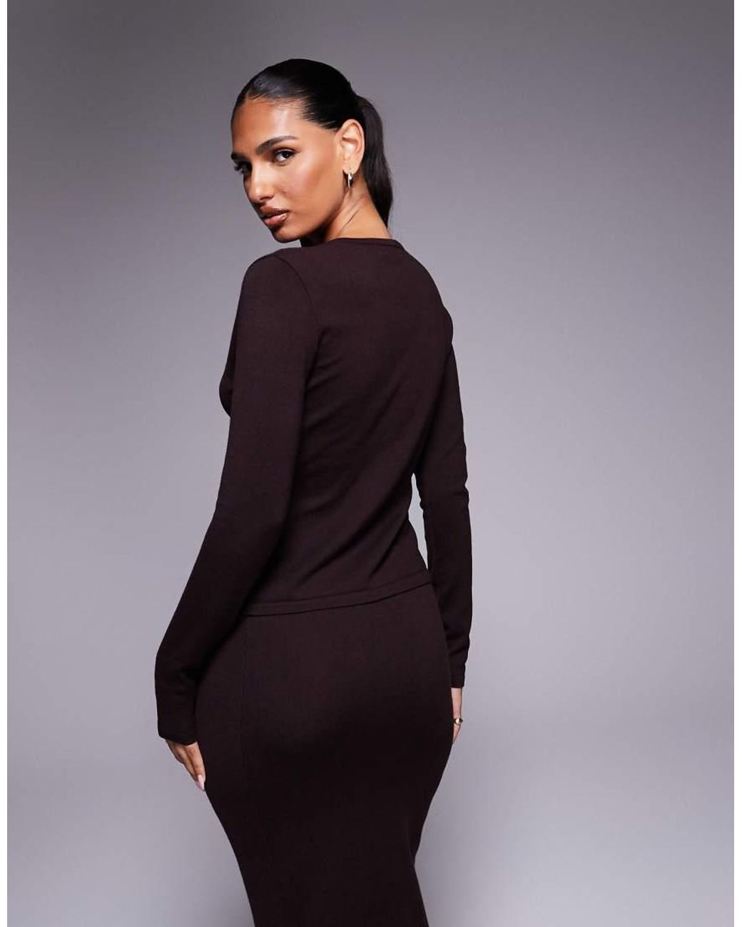 Kaiia Brown Exclusive Knitted Long Sleeve Split Front Clasp Detail Top Co-Ord