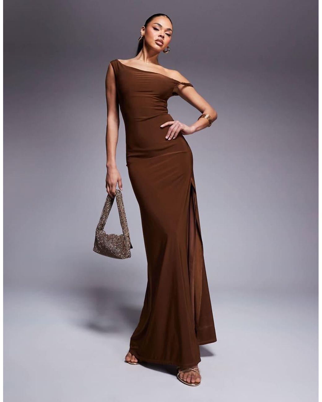 ASOS Brown Twist Shoulder With Lace Up Back Maxi Dress