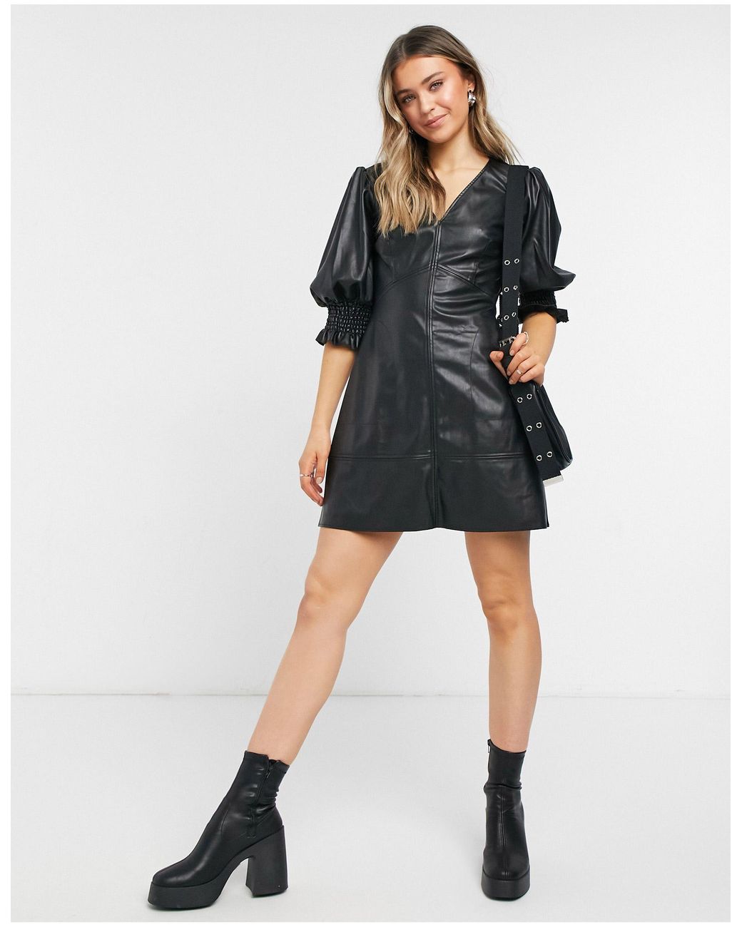 TOPSHOP Faux Leather V-neck Mini Dress in Black | Lyst
