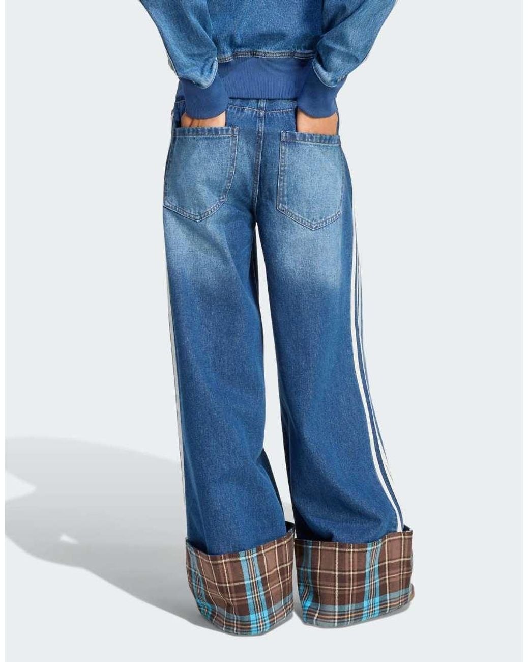 Adidas Originals Blue Vintage Wide Leg Jeans With Checked Seam