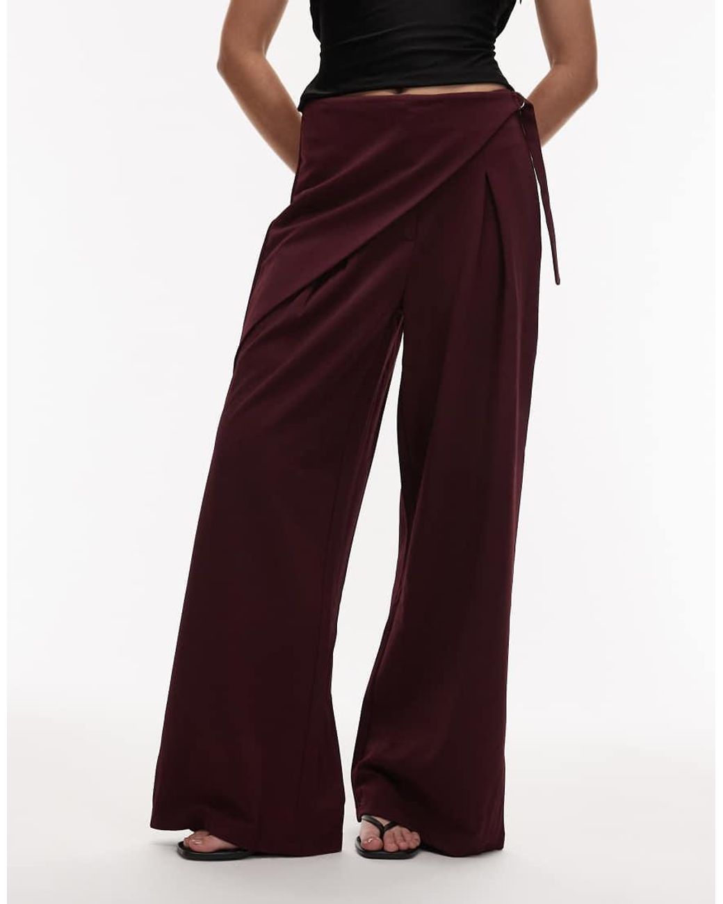 ASOS Red Slinky Twill Tailo Wide Leg Pants With Wrap Skirt Detail
