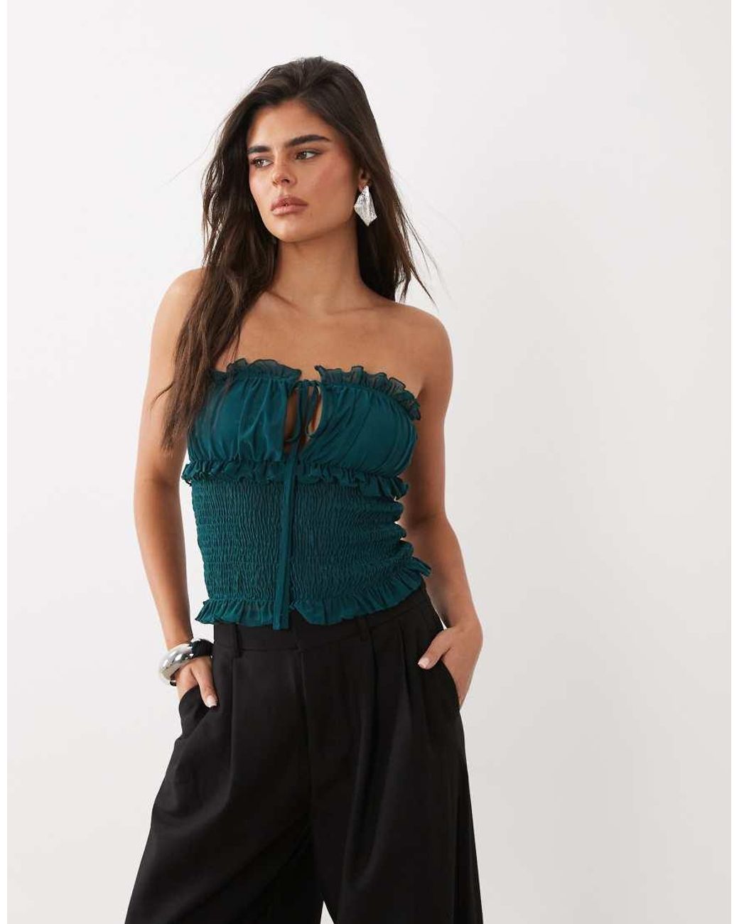 ASOS Blue Shirred Bandeau With Frills