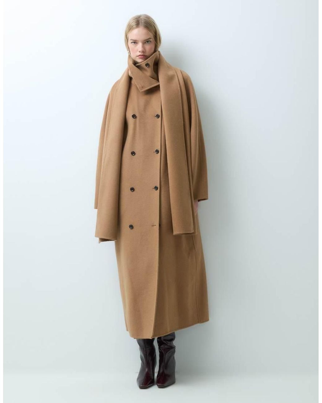 Mango Natural Wool Mix Scarf Detail Long Tailored Coat