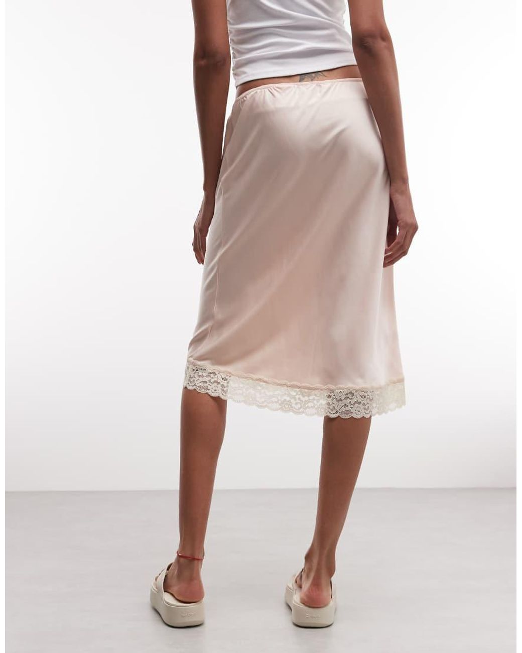Monki Pink Satin Look Lace Midi Skirt
