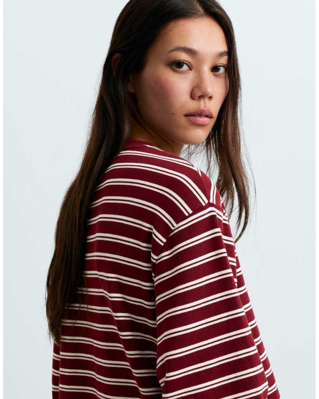 Oysho Red Long Sleeve Relaxed Striped T-Shirt