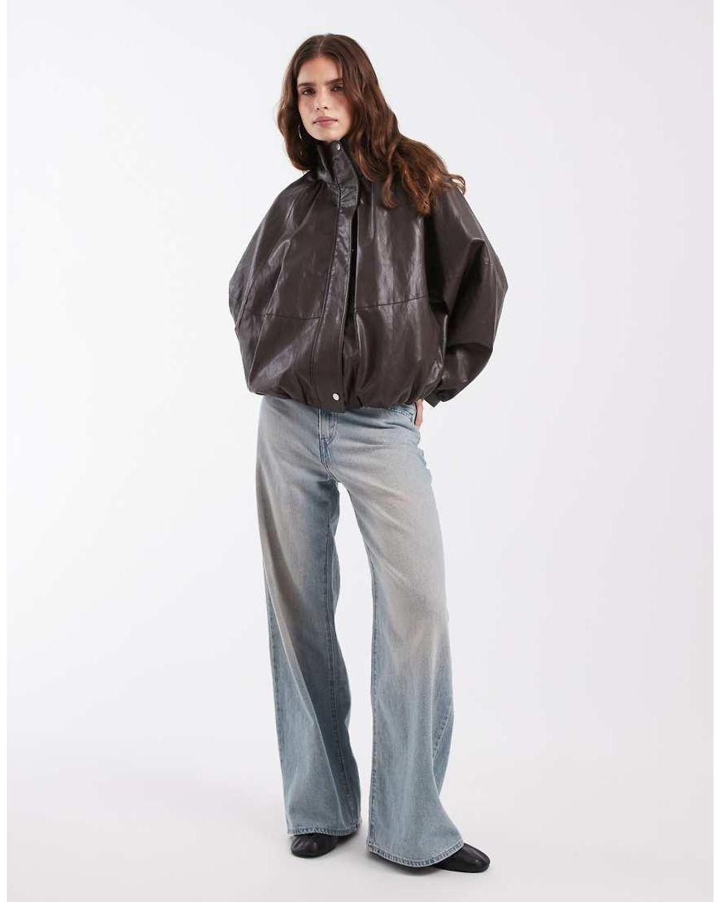 ONLY Brown Funnel Neck Faux Leather Bomber Jacket