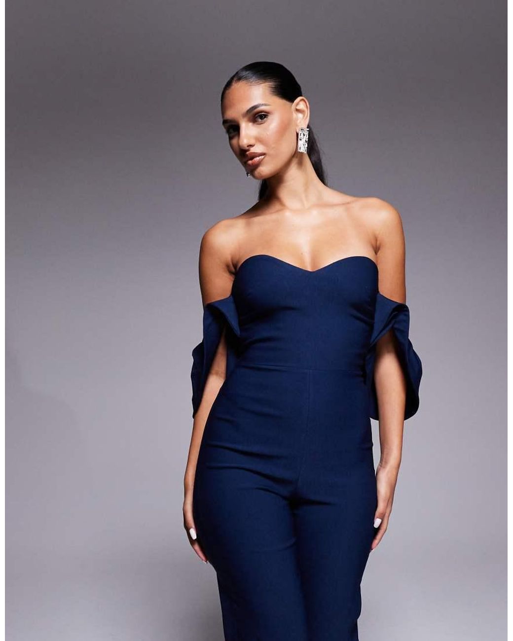 Vesper Blue Square Neck Ruffle Sleeve Wide Leg Jumpsuit