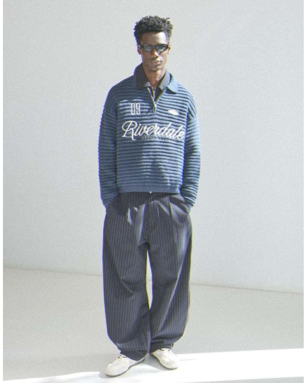 Bershka Blue Polo Collar Print Jumper for men