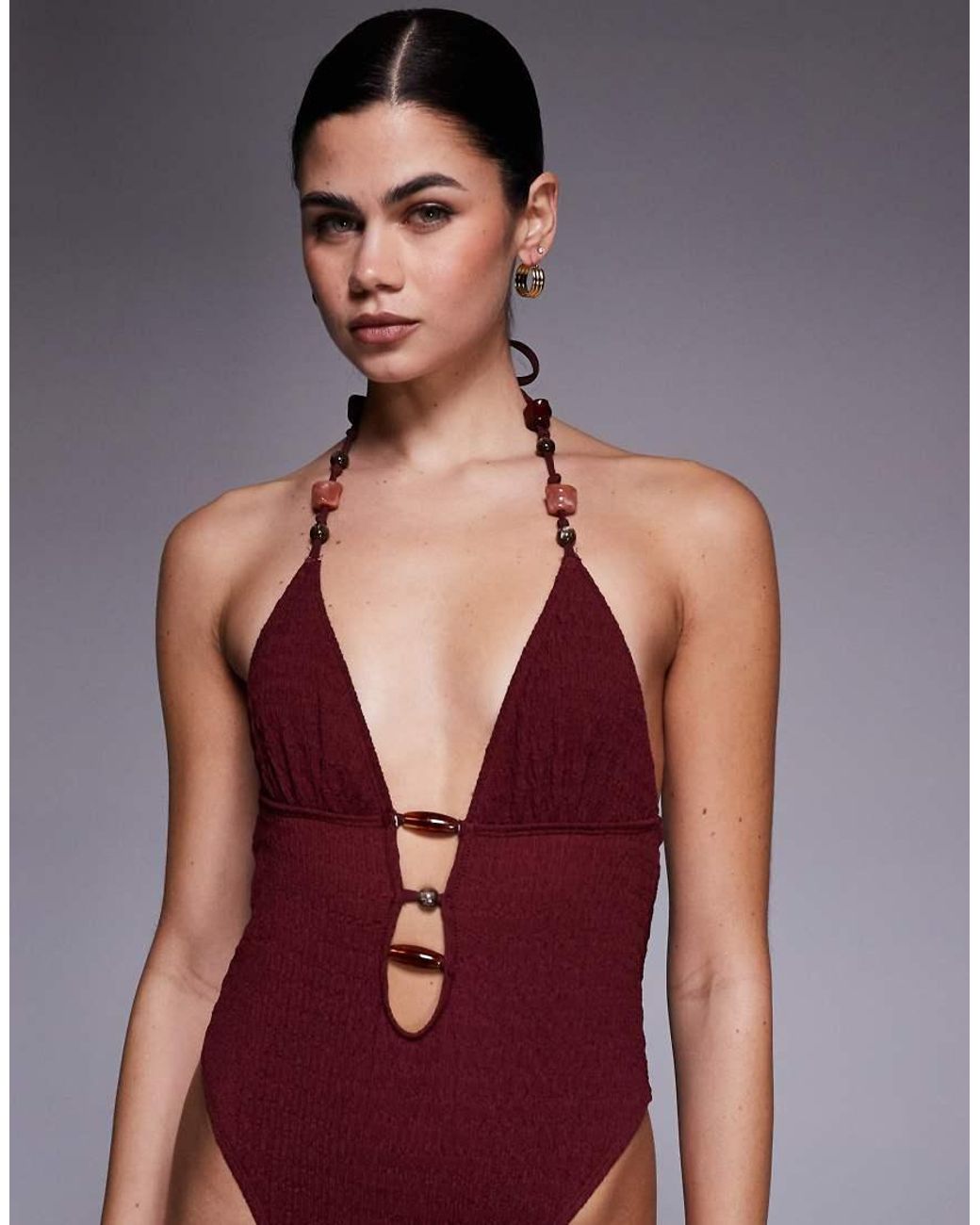 ASOS Red Ruth Plunge Cut Out Swimsuit With Resin Trim Burgundy