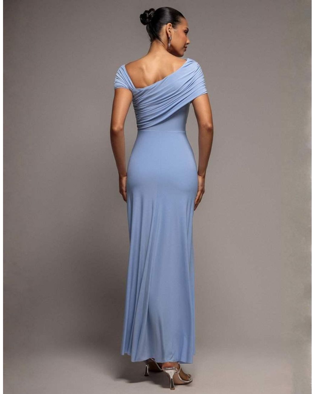 Goddiva Blue Asymmetric Neck Gathered Waist Maxi Dress