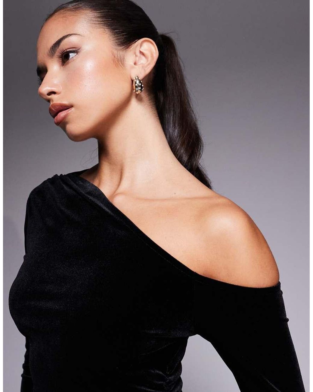 ASOS Black Velvet Fallen Shoulder Mini Dress