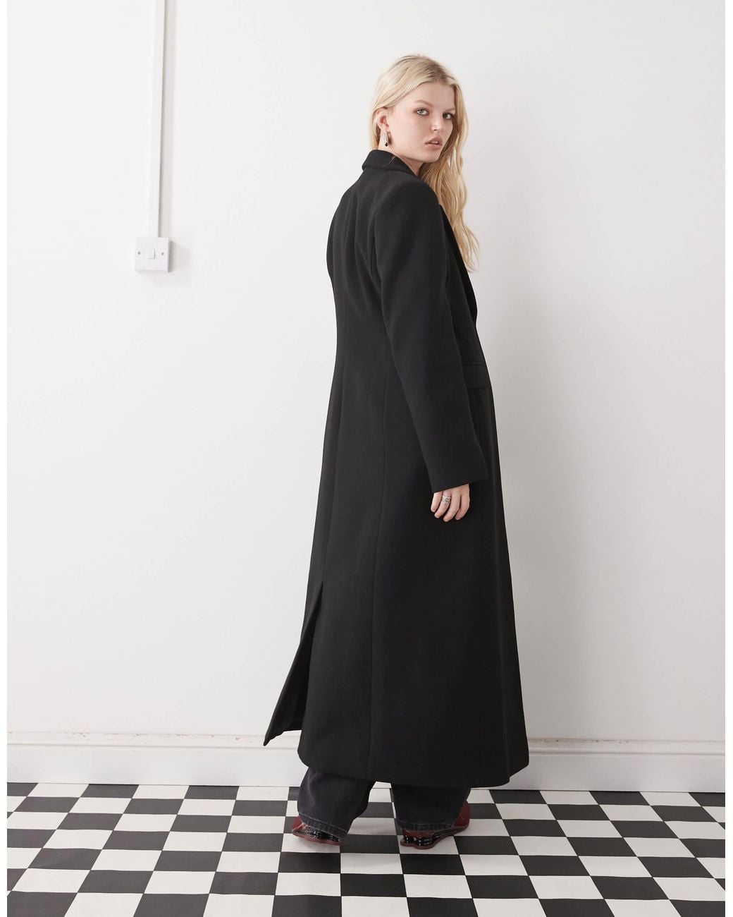 Monki Black Exclusive Maxi Length Coat With Wool