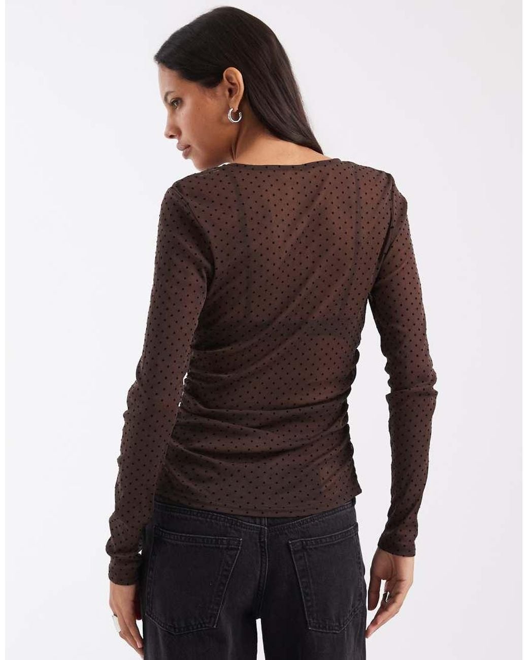 Pieces Brown Long Sleeve Polka Dot Sheer Mesh Top