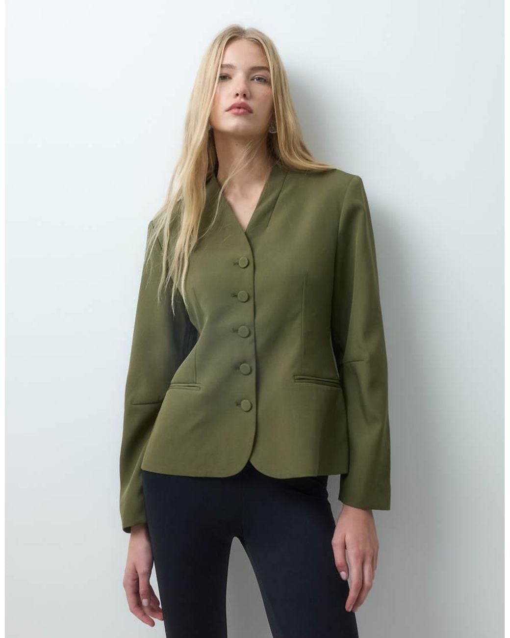 Vero Moda Green Structured Collarless Blazer