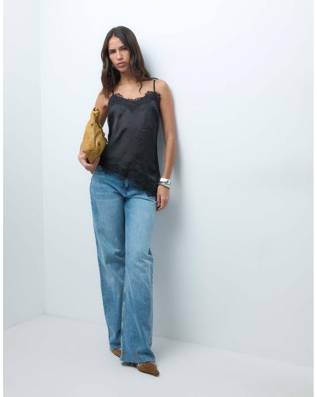 New Look Blue Longline Asymmetric Lace Trim Satin Cami Top