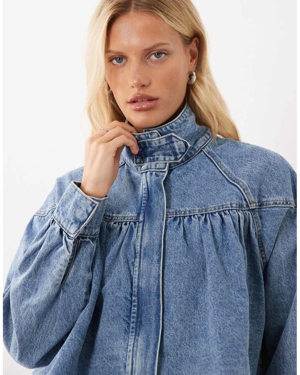 ASOS Blue Denim Funnel Neck Jacket With Bubble Hem Detail