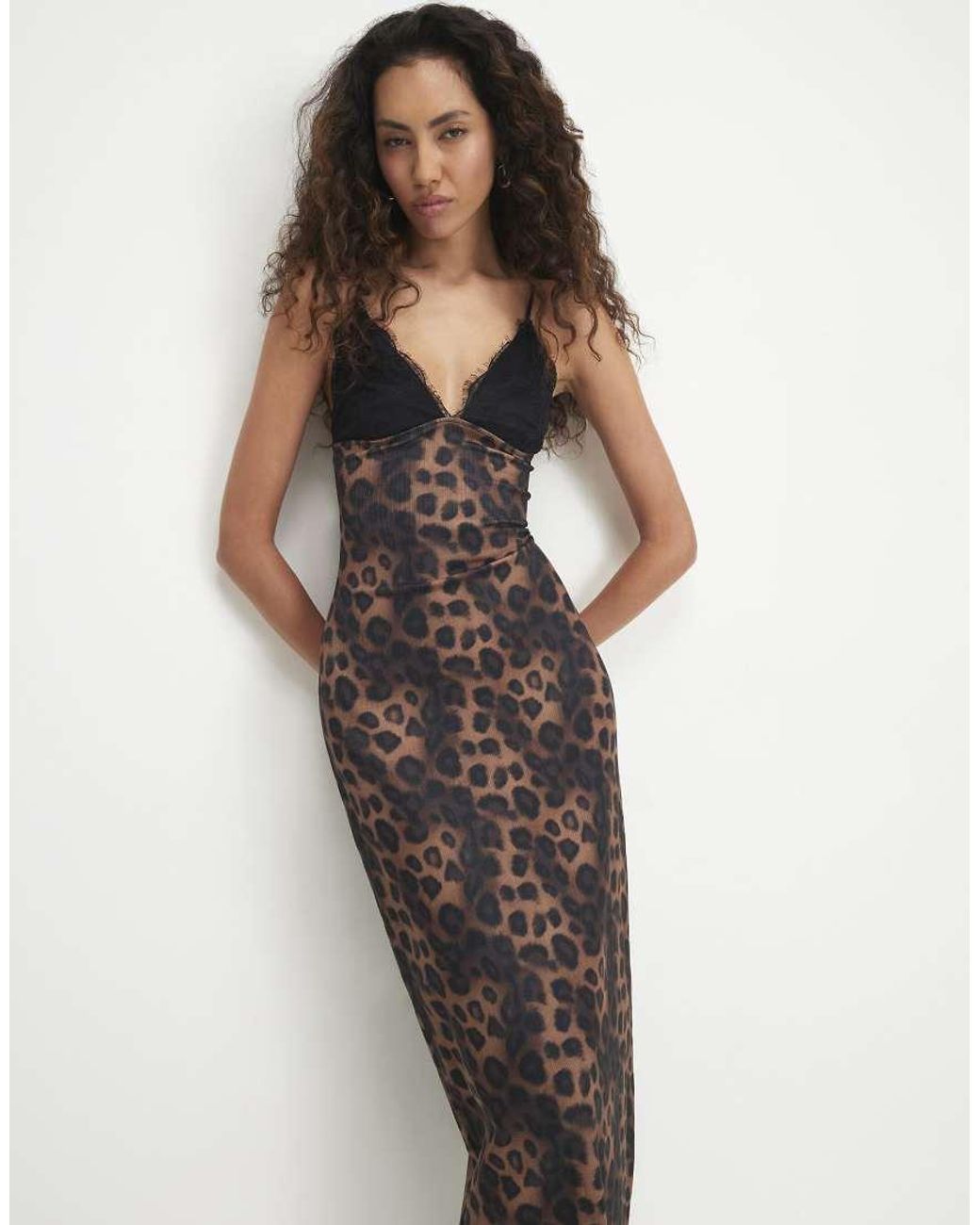 River Island Natural Lace Trim Leopard Print Midi Dress