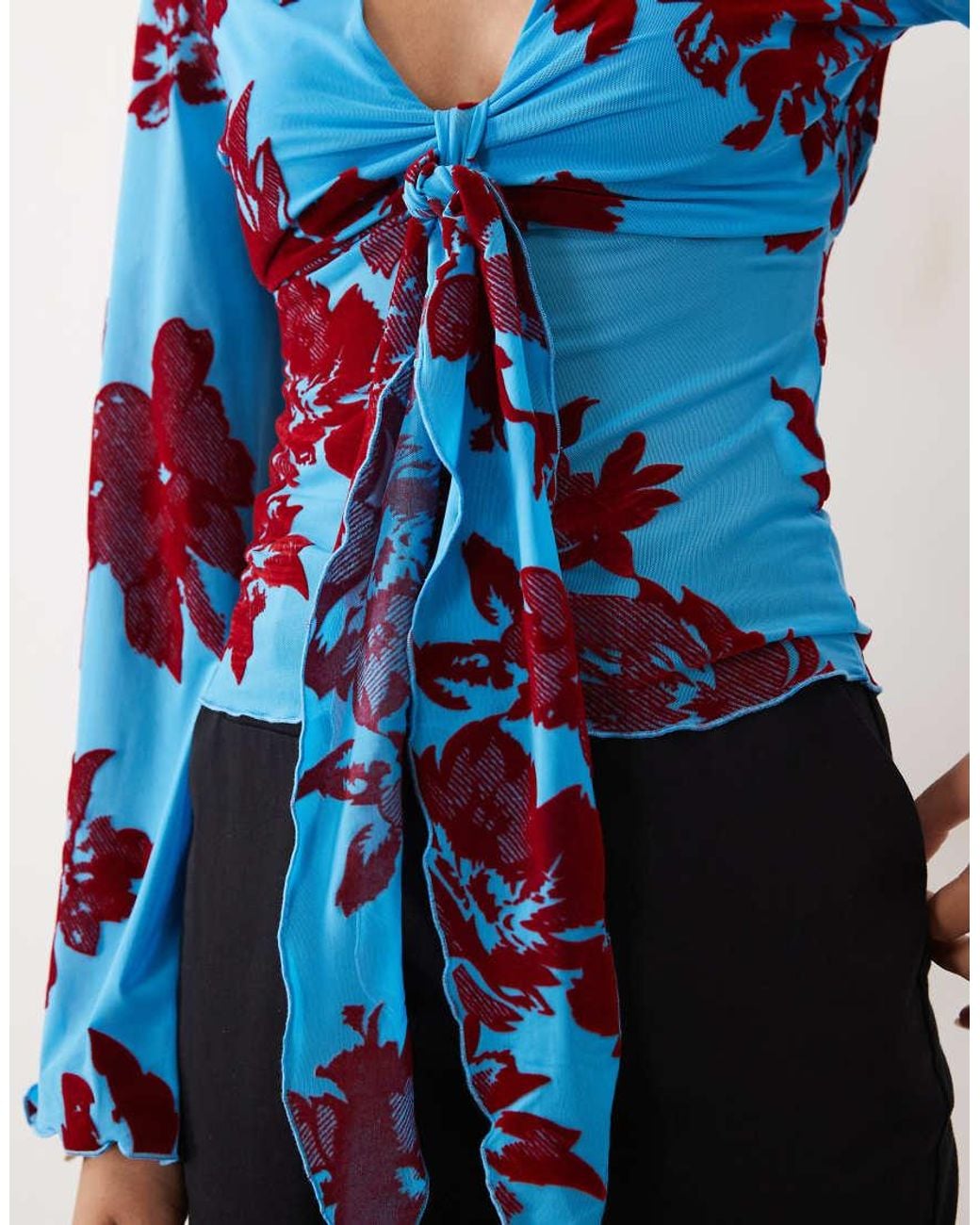 ASOS Blue Tie Neck Flocked Drape Sleeve Blouse
