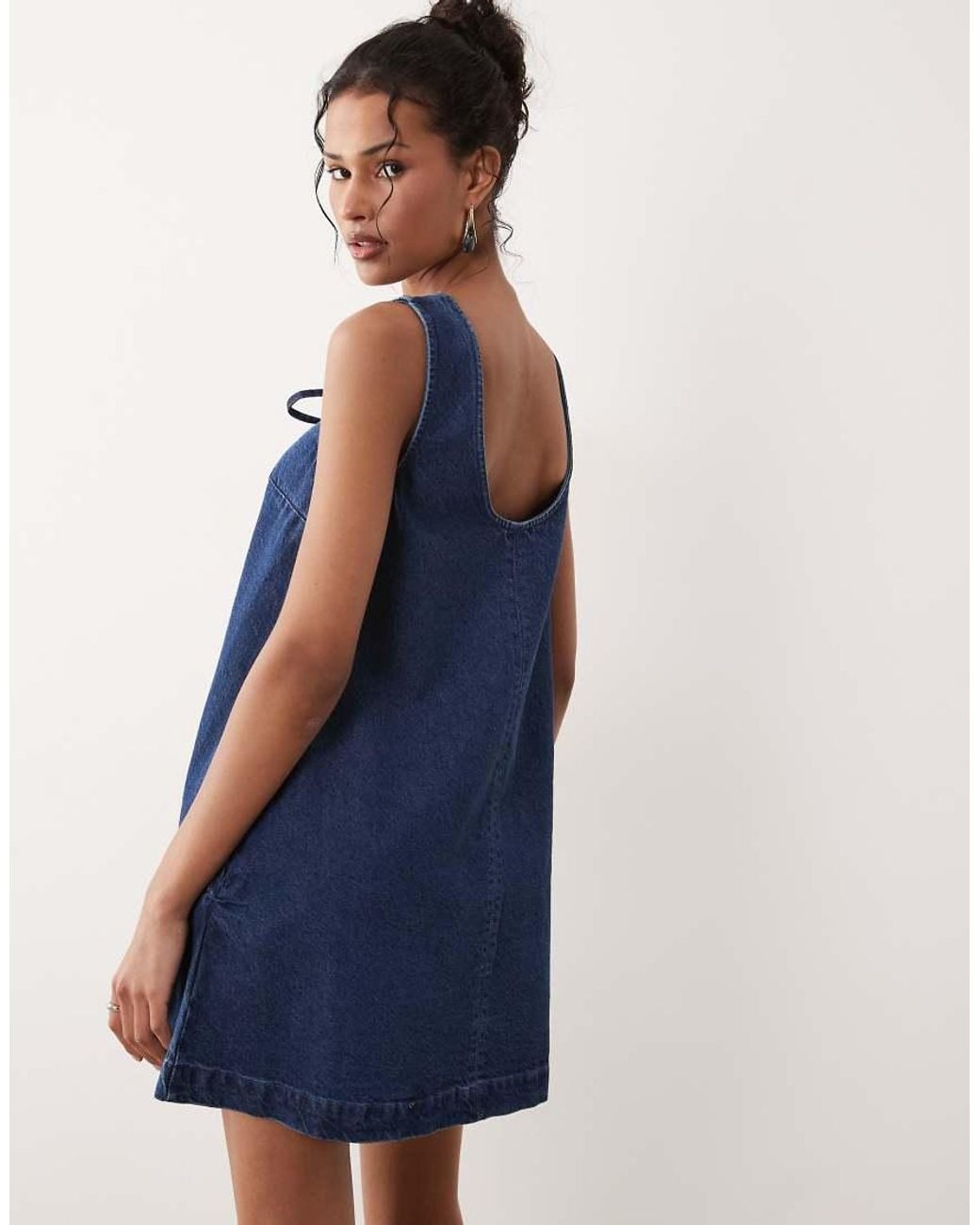 ASOS Blue Denim Scoop Mini Dress With Bow Front