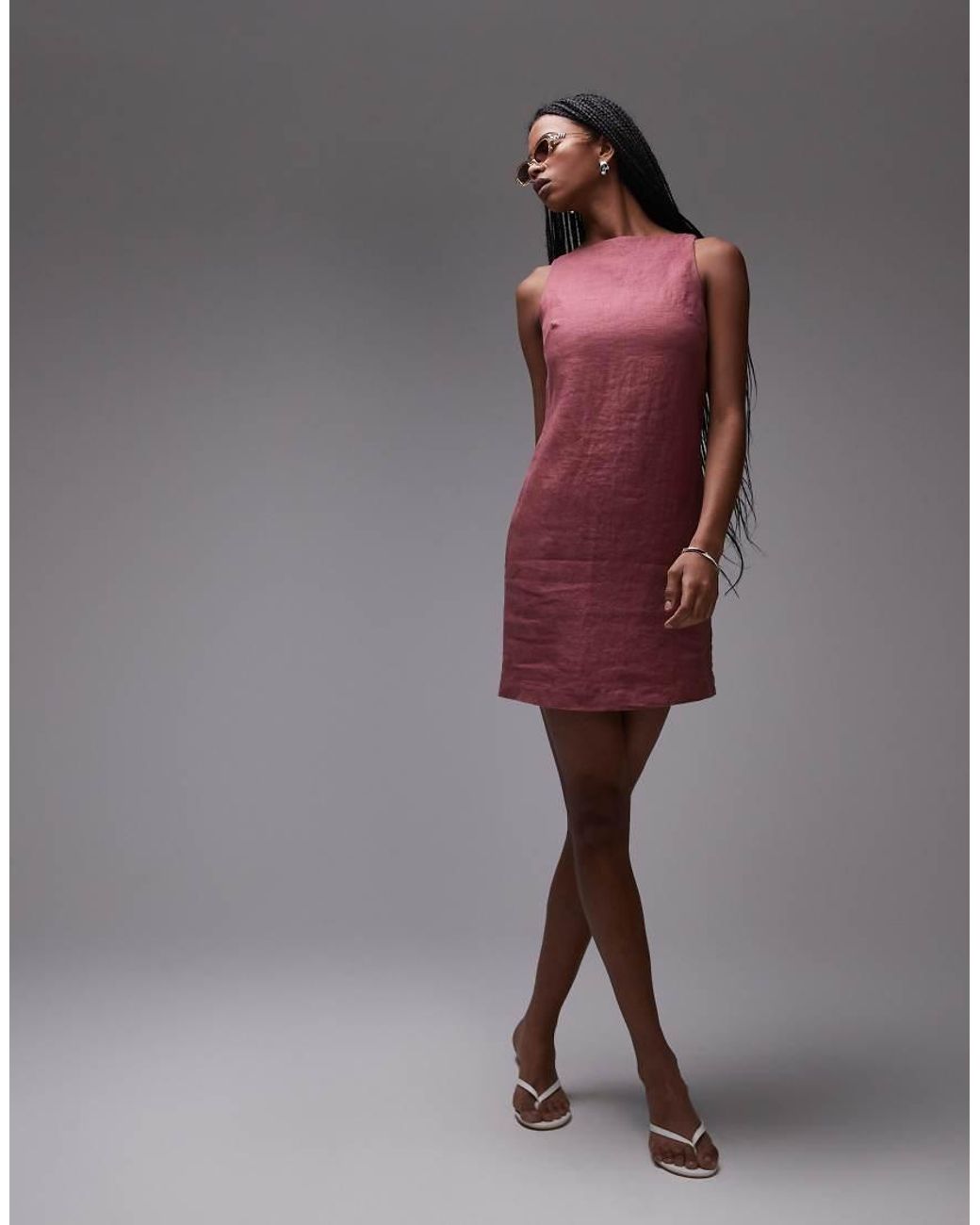 & Other Stories Red Linen Mini Dress With Boat Neck