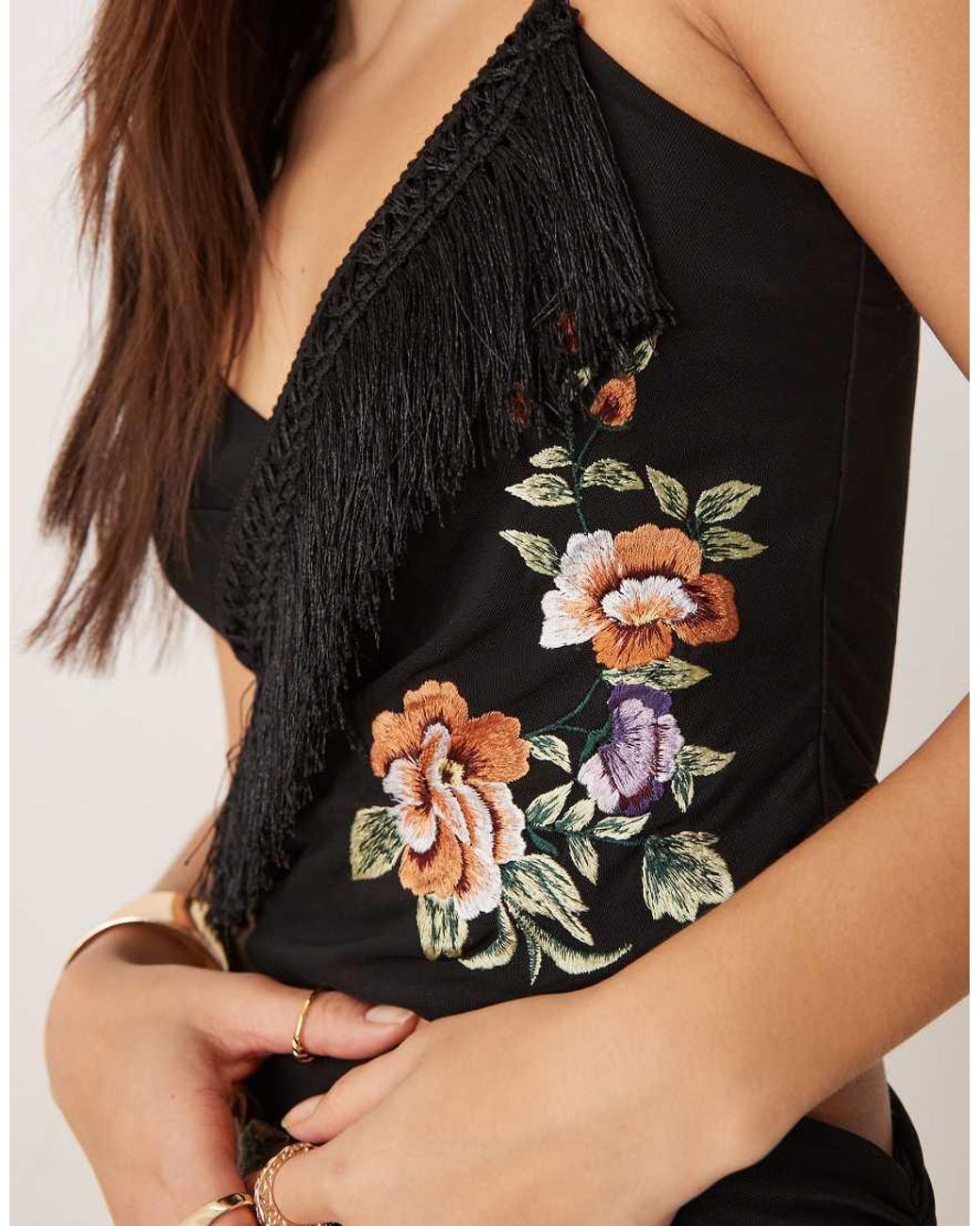 ASOS Black Co-ord Embroidered Fringed Cami Top