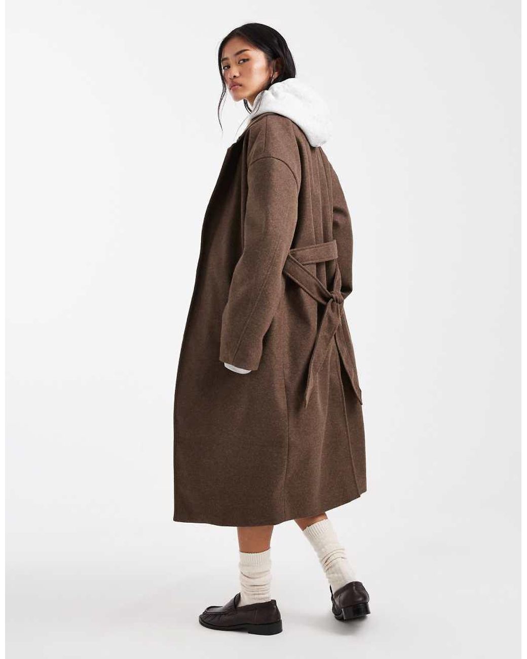 Brave Soul White Faux Wool Longline Belted Overcoat