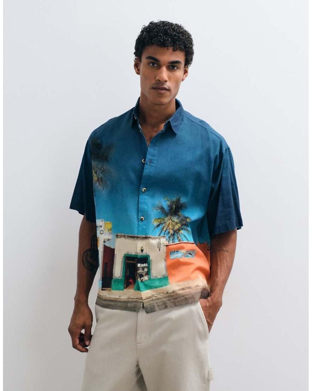 ASOS Blue Oversized Holiday Print Shirt With Linen for men